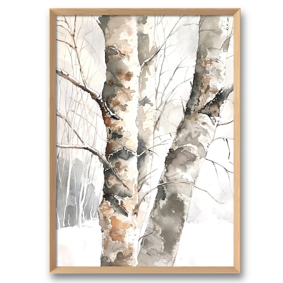Winter Birch Trees Neutral Watercolor Minimalist Forest Art Poster