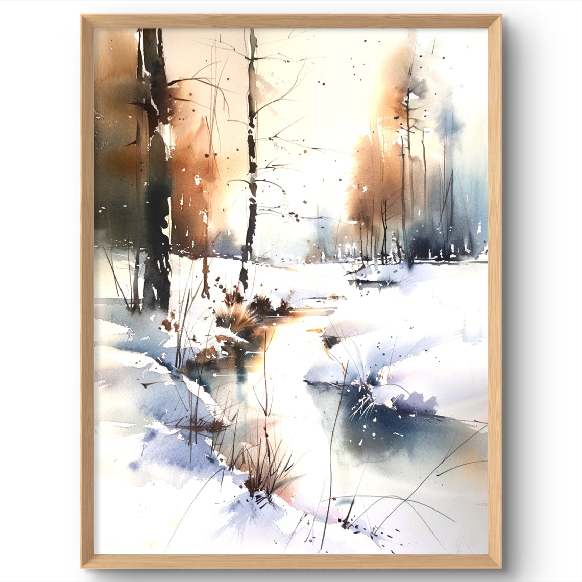 Snowy Winter Forest Birch Trees River Watercolor Painting Poster