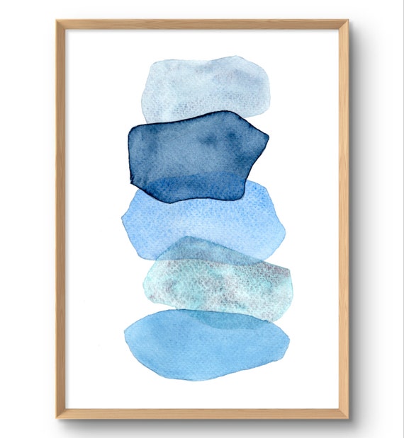 Blue Abstract Watercolor Print, Minimalist Zen Art