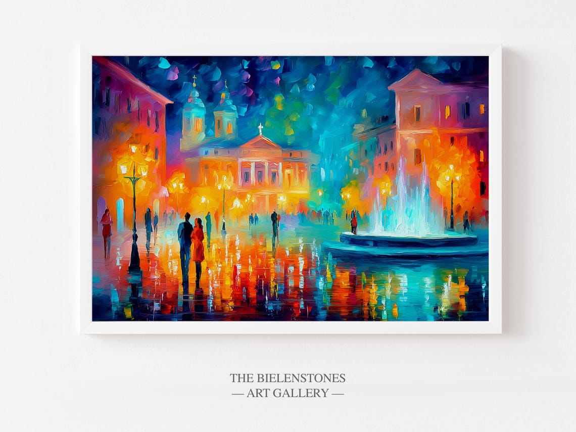 Romantic Italian Piazza Night Fountain Lovers Impressionist Poster