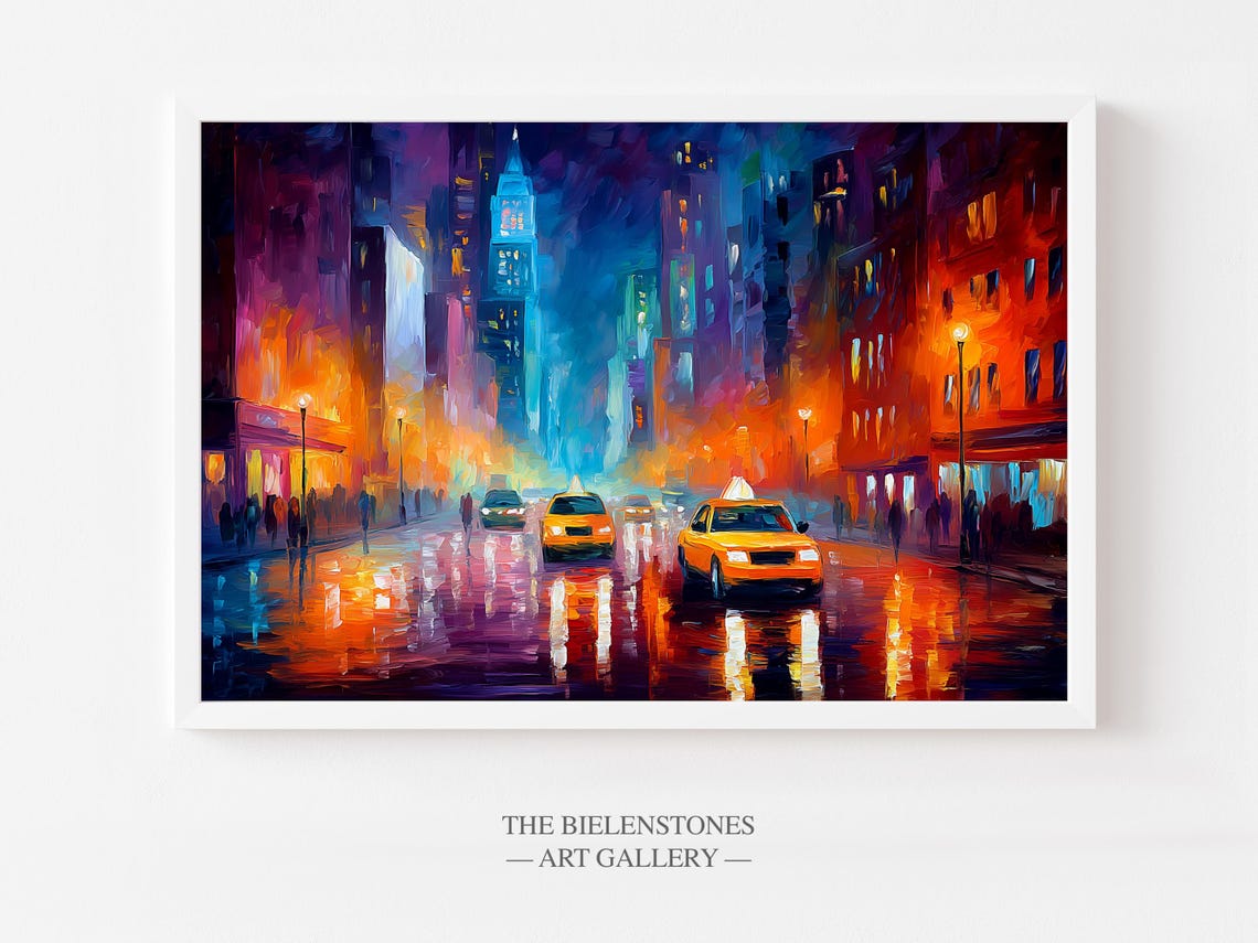 New York City Yellow Cabs Rainy Night Impressionist Street Poster