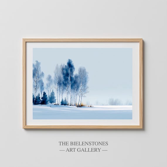 Birch Tree Winter Print Scandinavian Minimalist Forest In Snowy Watercolor Style