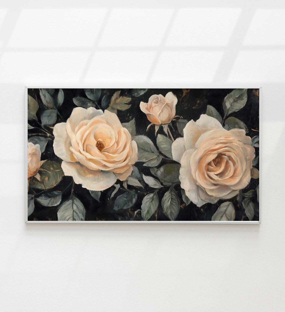 Dark Moody Cream Roses Vintage Floral Oil Painting Romantic Art Poster