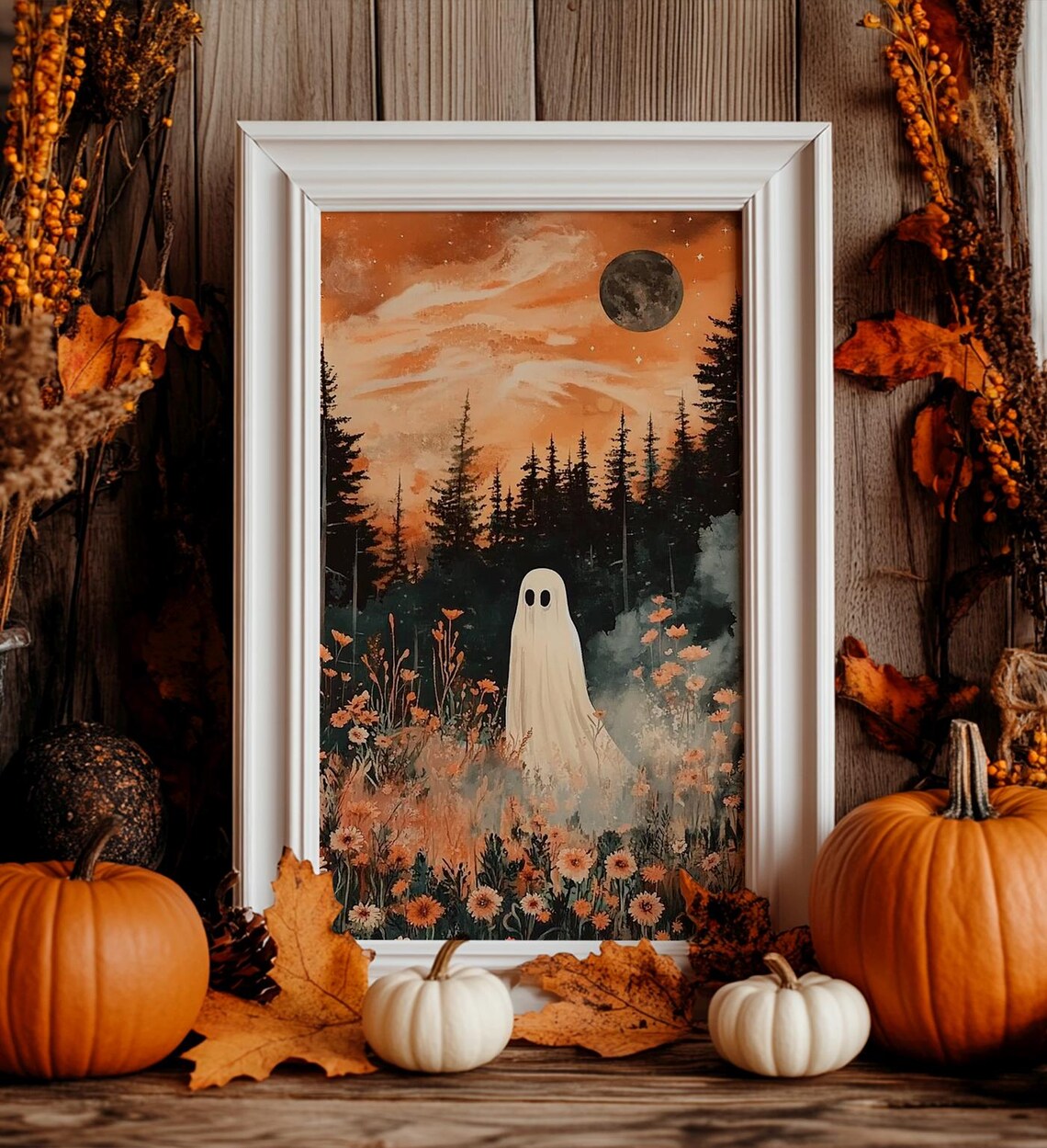 Ghost In Enchanted Wildflower Forest Meadow Moonlit Halloween Art Print - Image 7