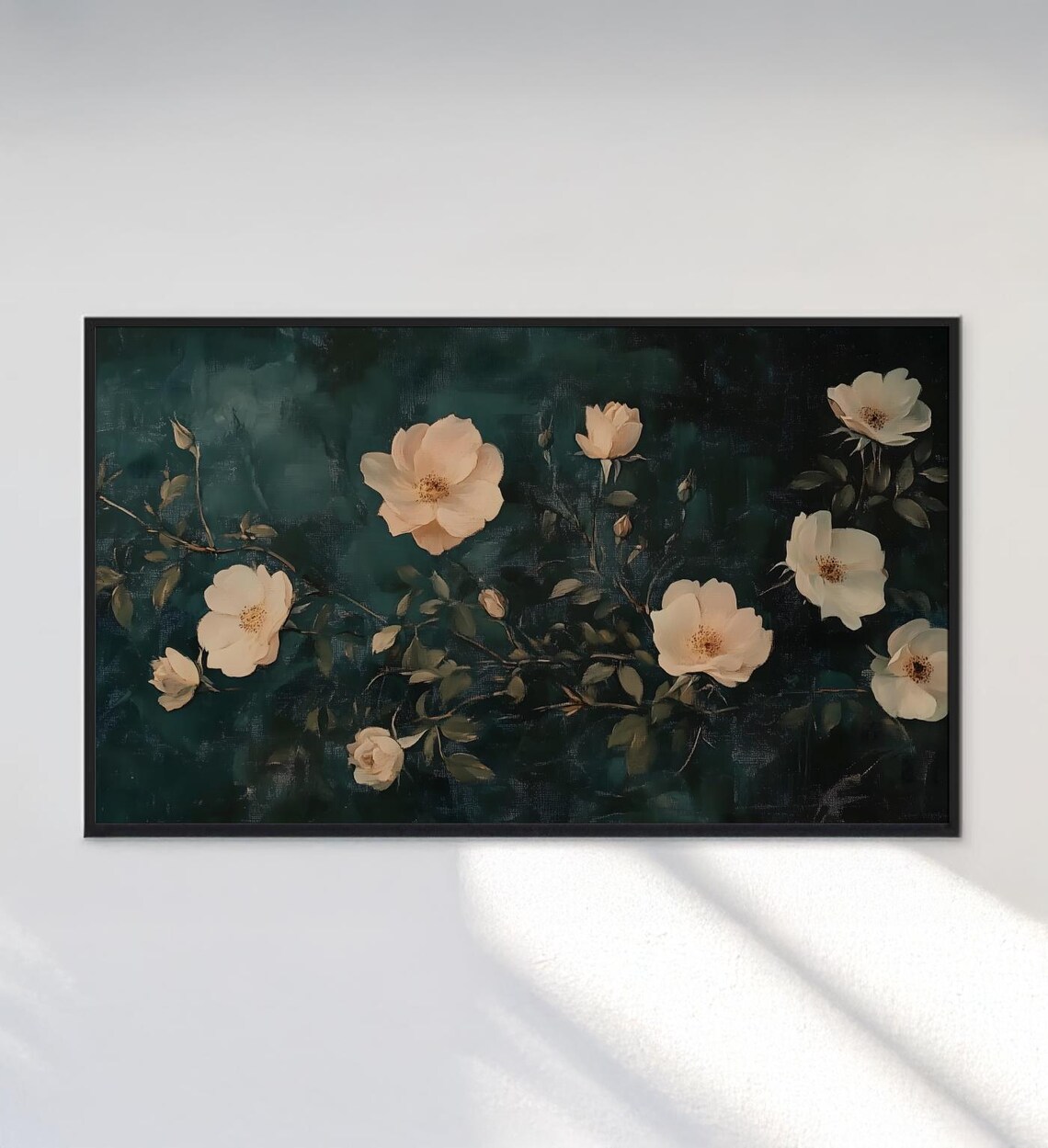 Peach Wild Roses Dark Green Vintage Botanical Oil Painting Art Poster - Image 3