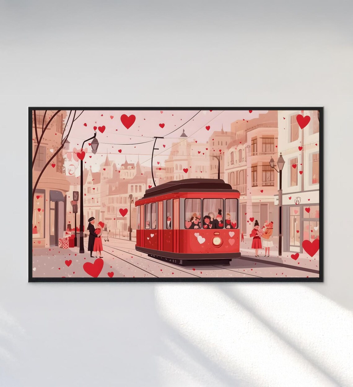 Red Tram City Street Falling Hearts Valentine Romance Illustration Art - Image 3