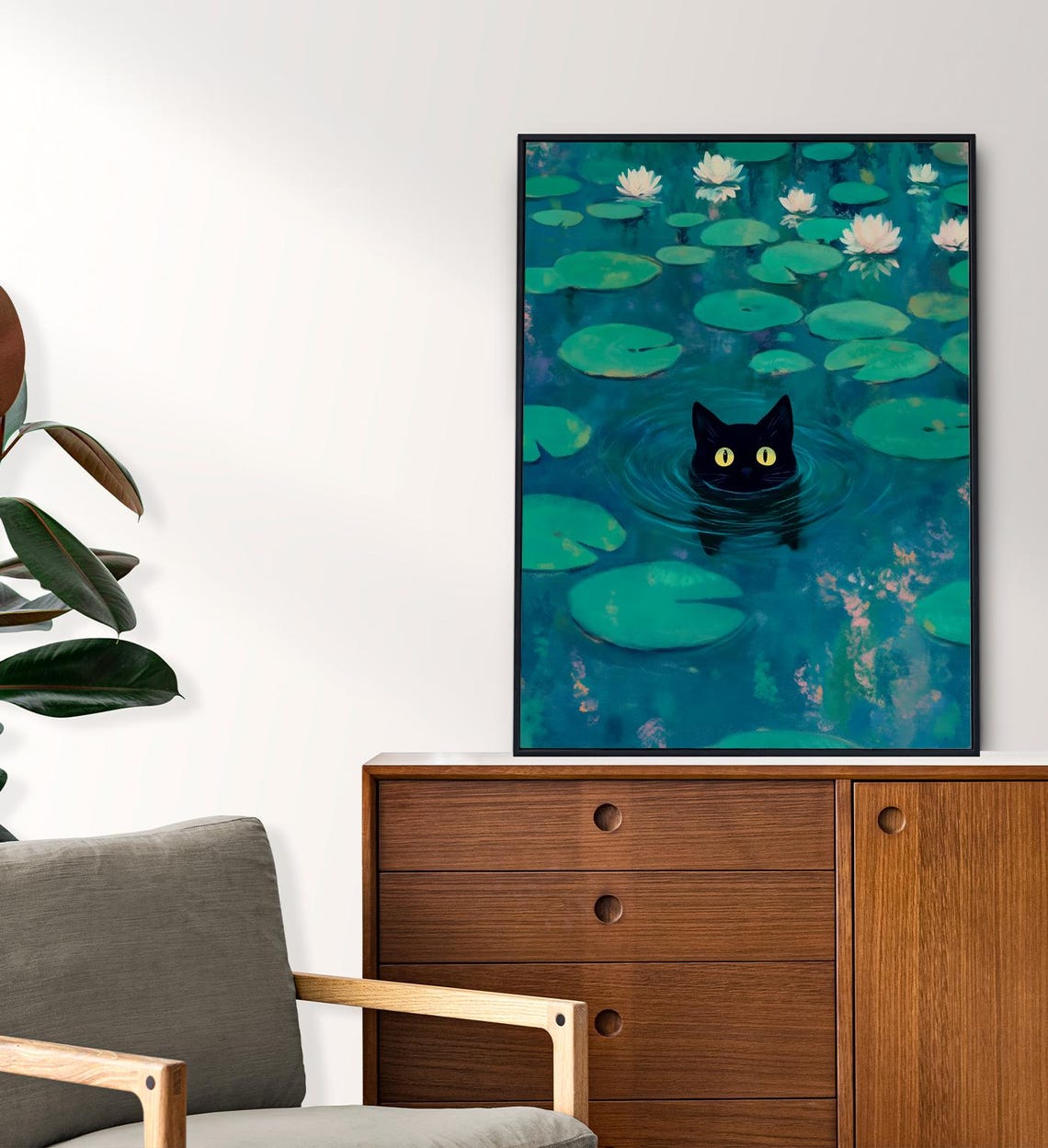 Monet Water Lily Pond Black Cat Peeking Out Funny Cat Art Print Poster - Image 6