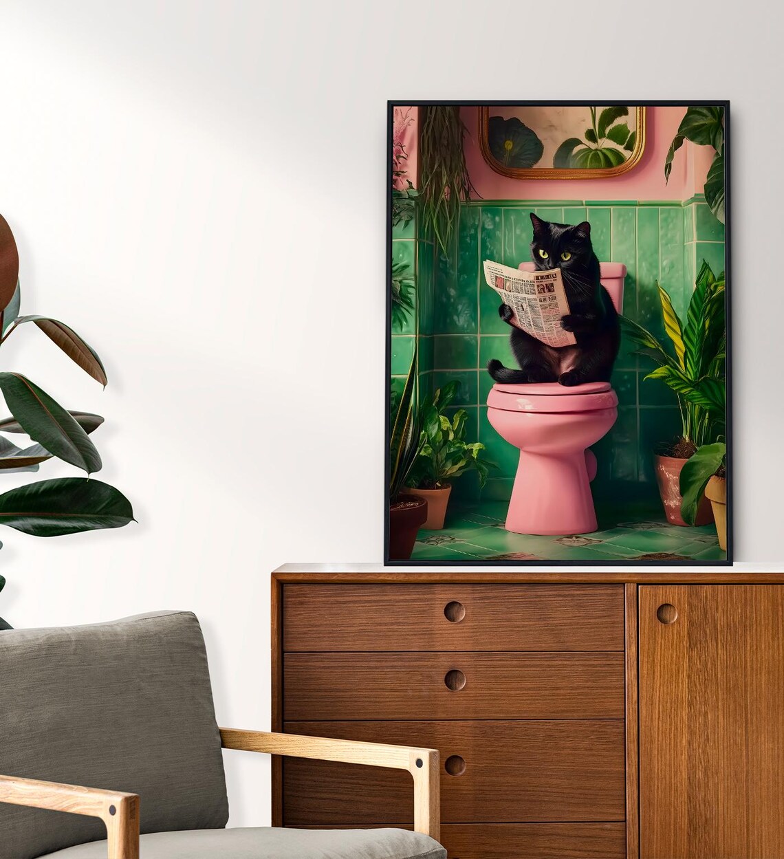 Funny Black Cat Reading Newspaper On Pink Toilet Bathroom Wall Art Poster - Image 6