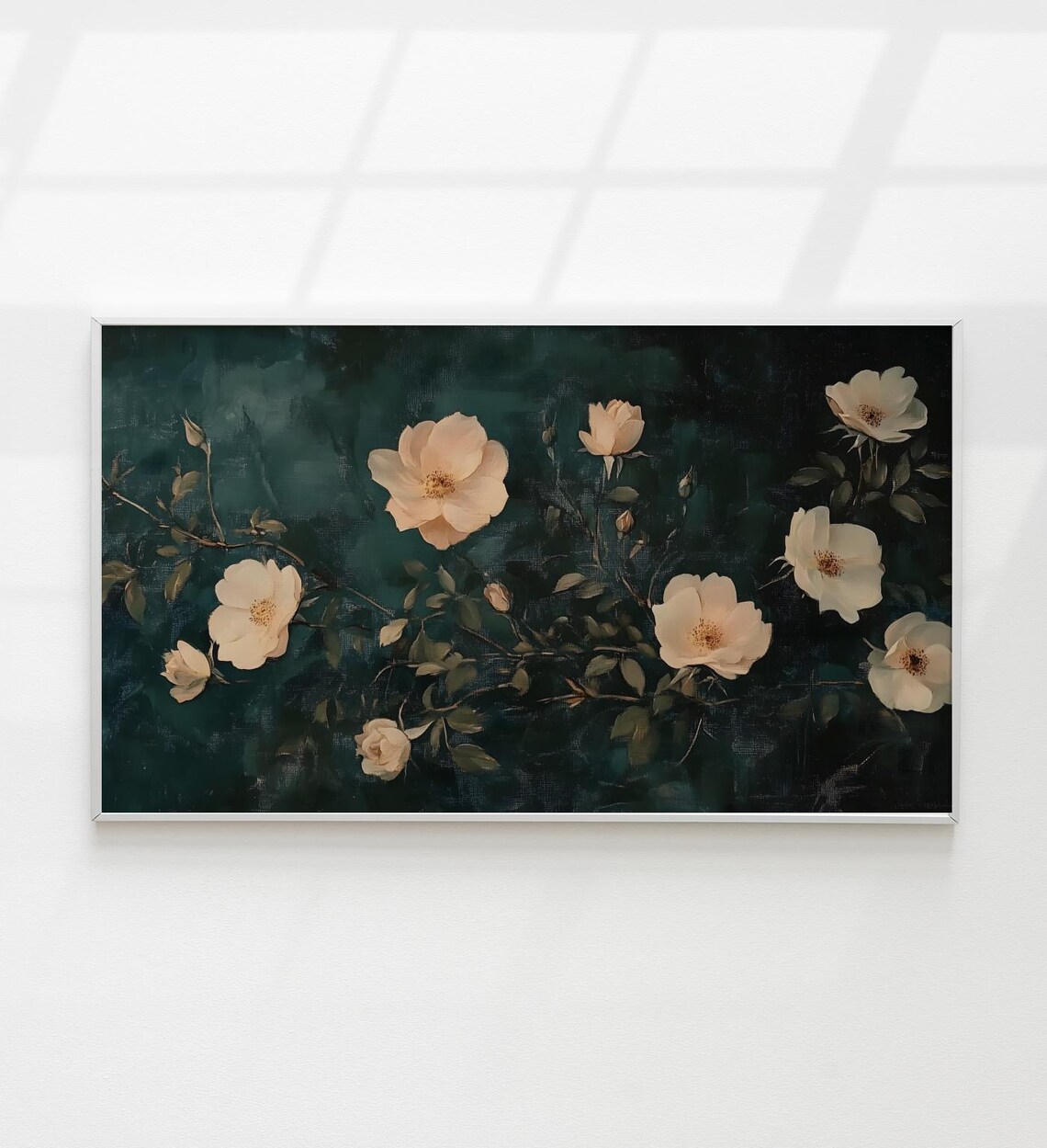 Peach Wild Roses Dark Green Vintage Botanical Oil Painting Art Poster