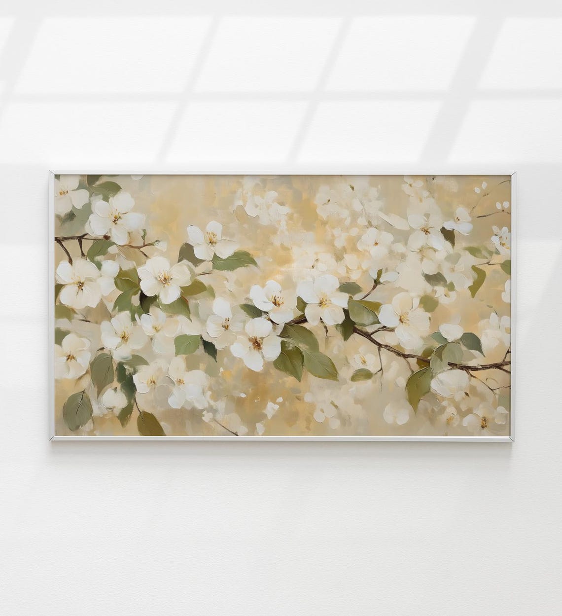 White Spring Blossoms Branch Vintage Neutral Beige Floral Art Poster