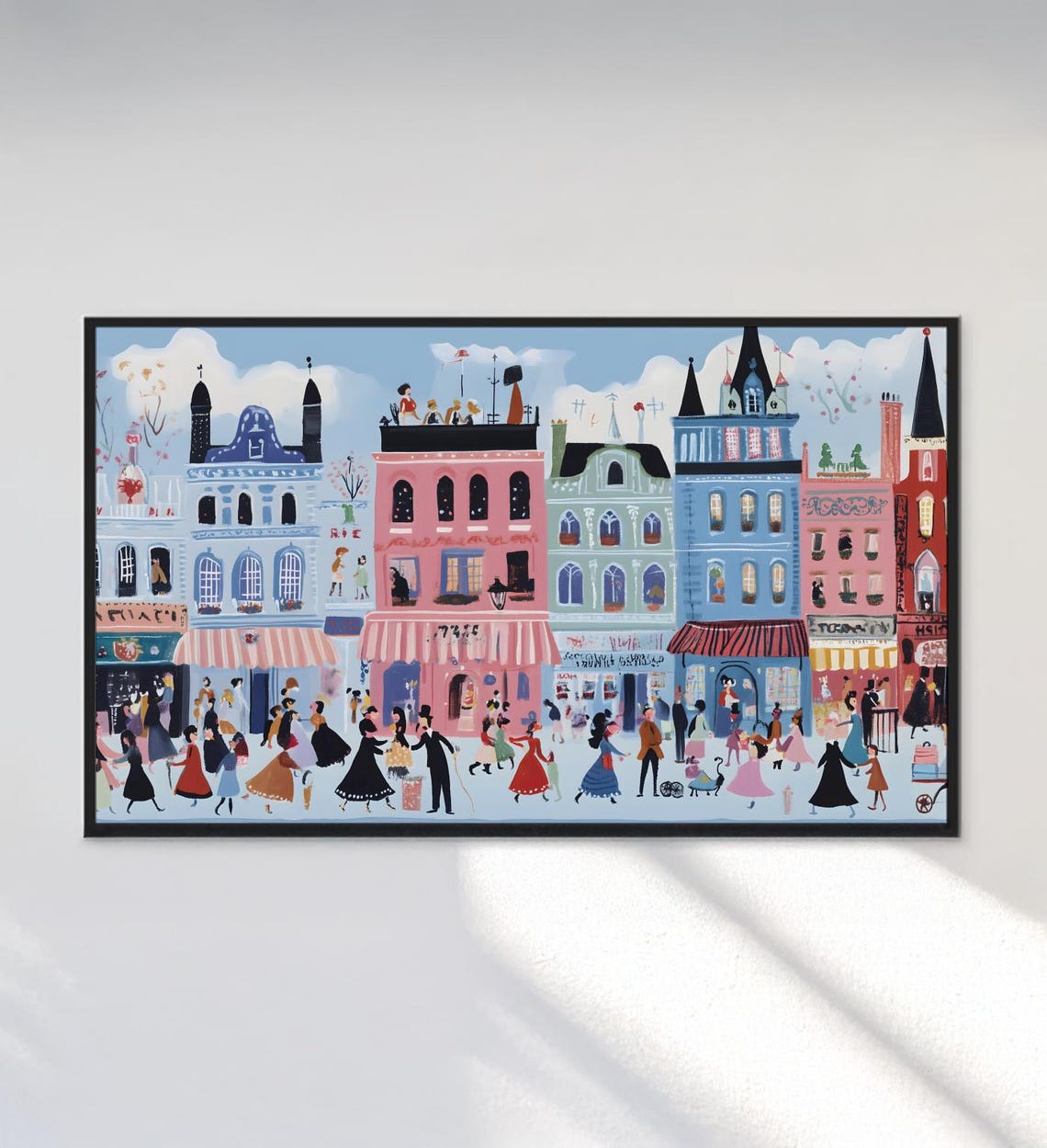 Whimsical Colorful City Street Scene Bustling Town Illustration Poster - Image 3