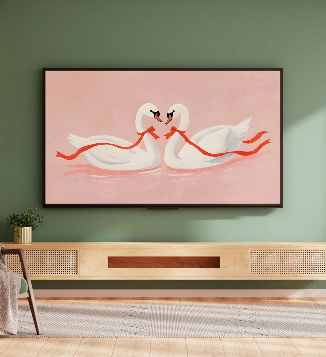 Romantic White Swans Red Ribbon Blush Pink Whimsical Art Poster - Image 5