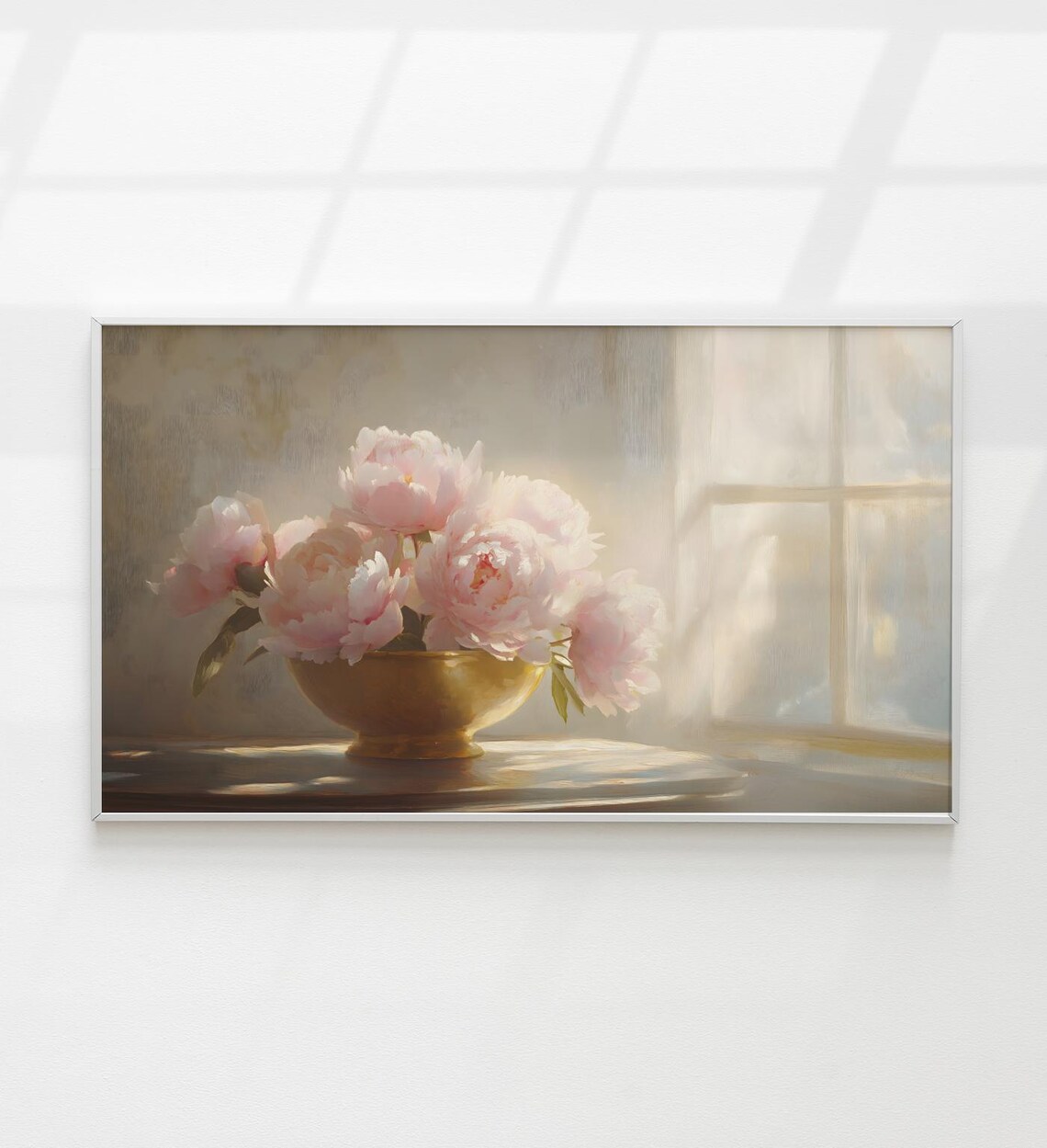 Pink Peonies Golden Bowl Sunlit Window Still Life Painting Poster