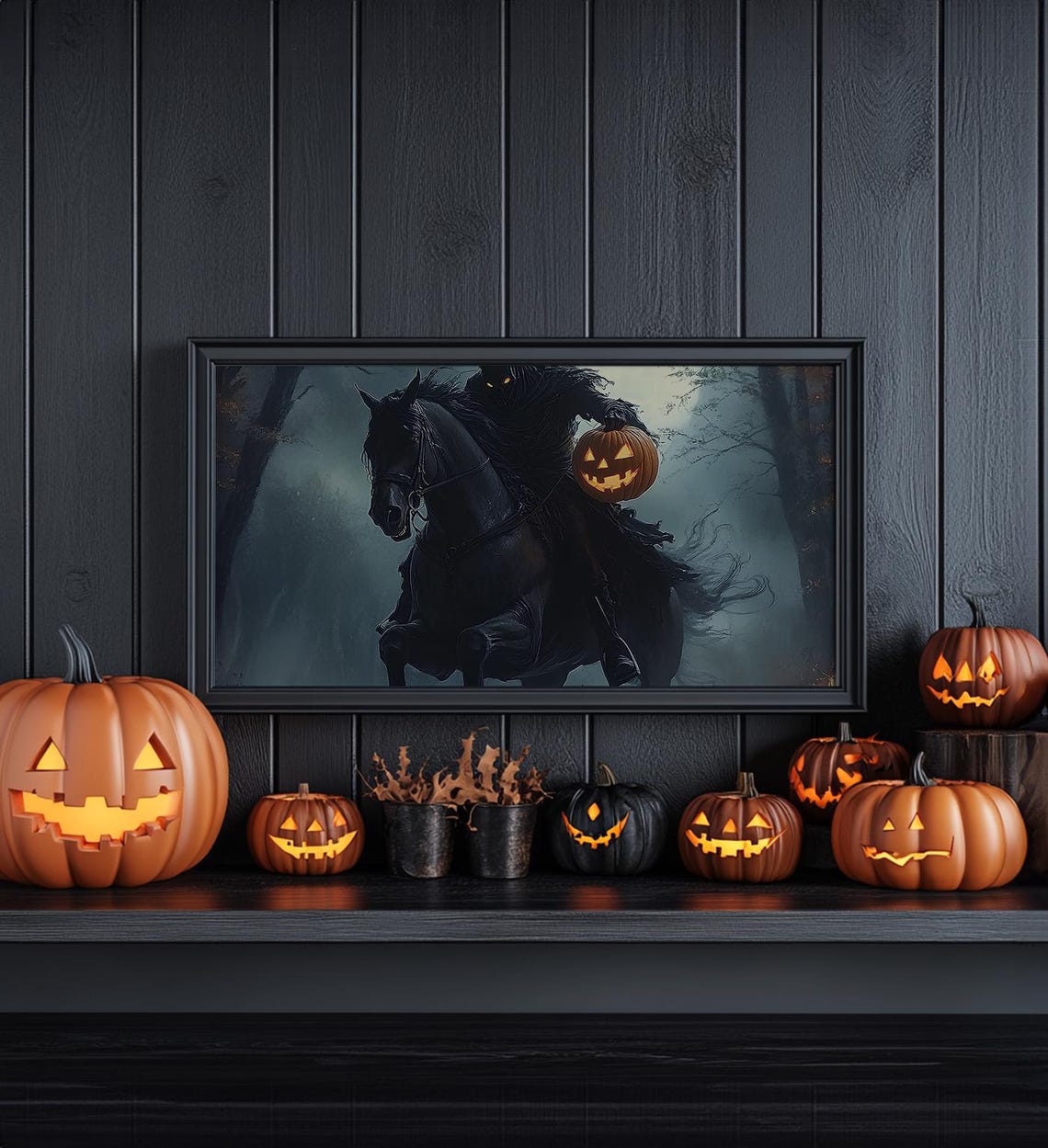 Headless Horseman With Jack O Lantern Dark Forest Halloween Art Print - Image 4
