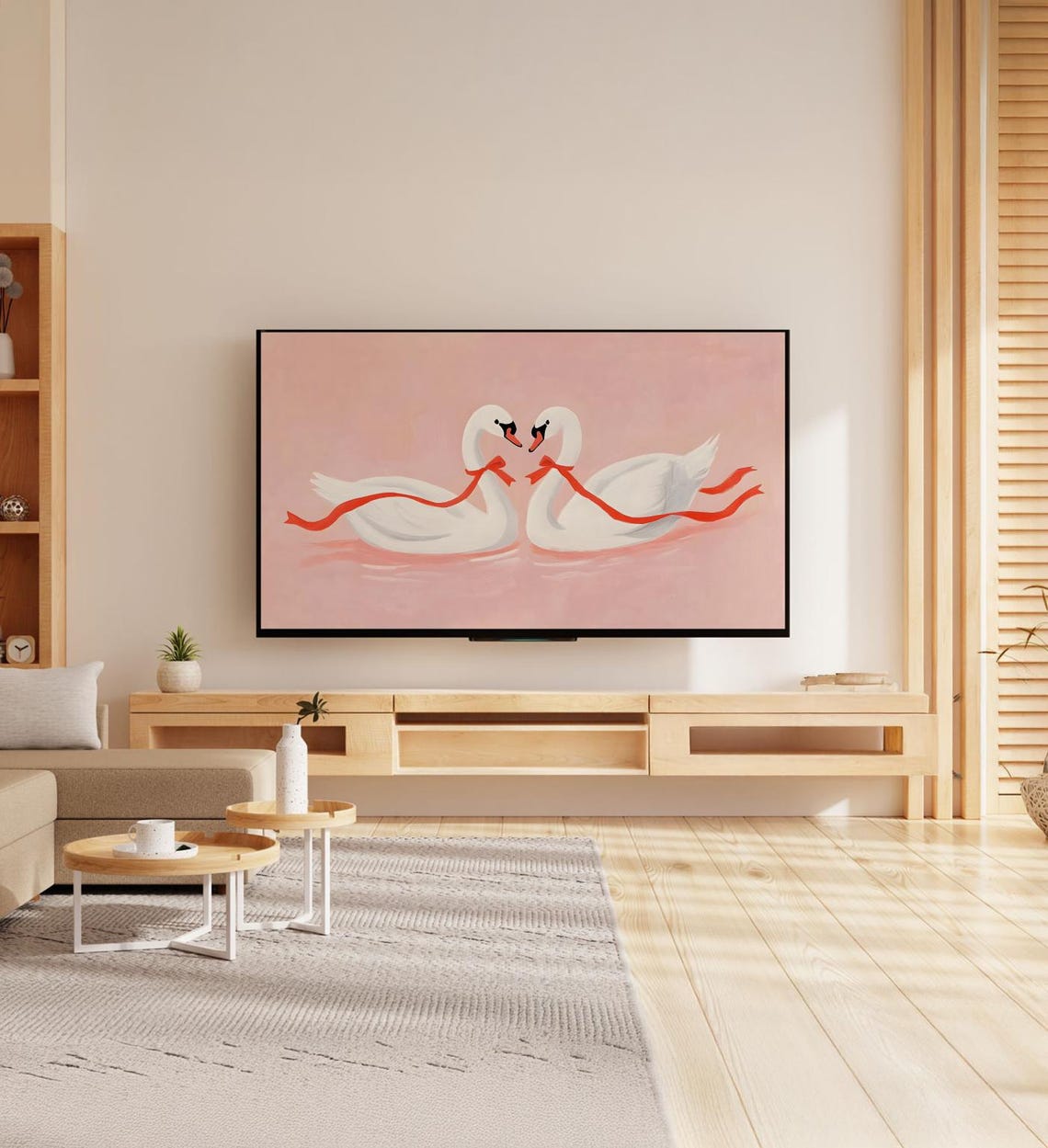 Romantic White Swans Red Ribbon Blush Pink Whimsical Art Poster - Image 7