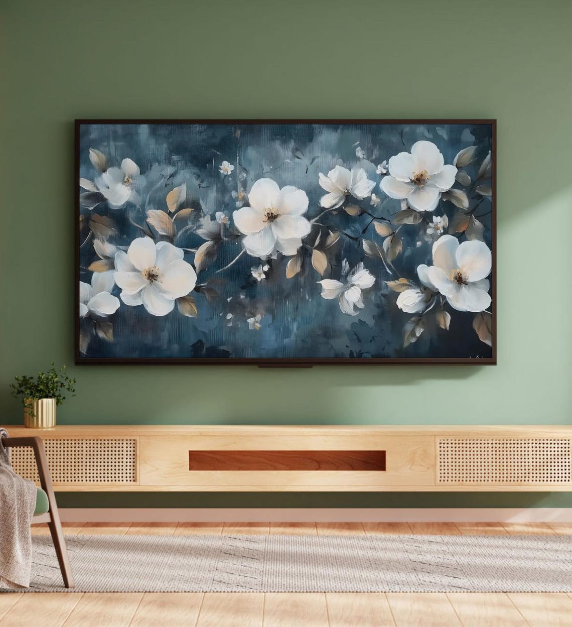 White Blossoms Midnight Navy Blue Moody Botanical Painting Poster - Image 5