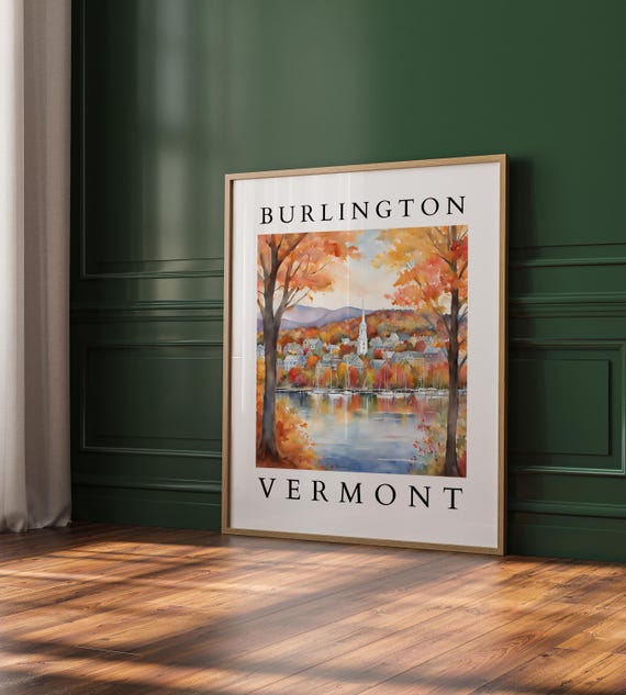Burlington Vermont Autumn Lake Town Fall Foliage Travel Poster