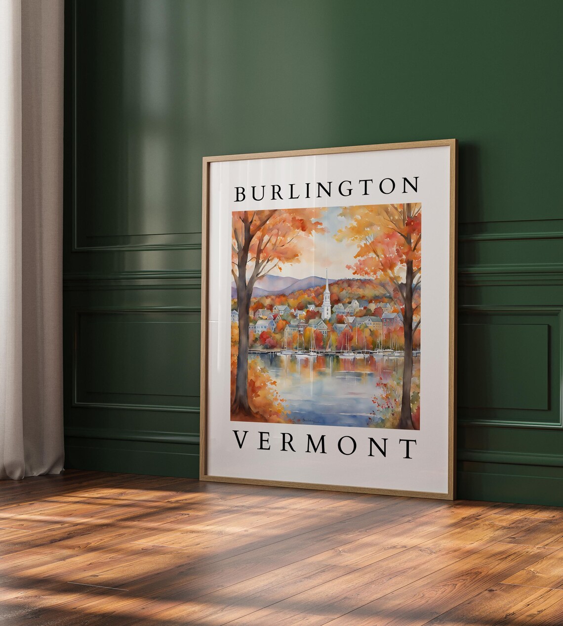 Burlington Vermont Autumn Lake Town Fall Foliage Travel Poster