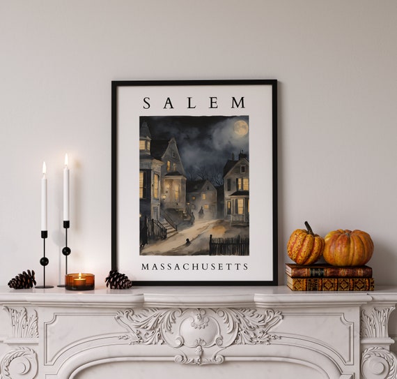 Salem Massachusetts Watercolor Art Print, Halloween Cityscape