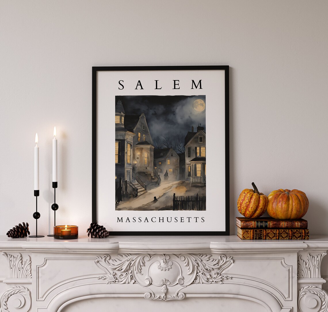 Salem Massachusetts Watercolor Art Print, Halloween Cityscape