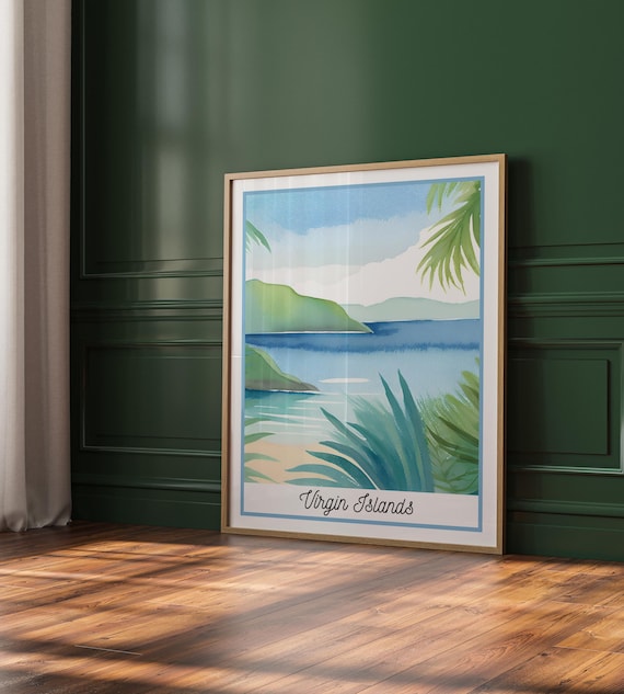 Virgin Islands Tropical Beach Palm Trees Watercolor Travel Poster