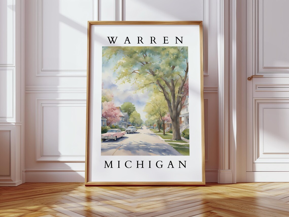 Warren Michigan Tree Lined Street Classic Cars Spring Watercolor Poster