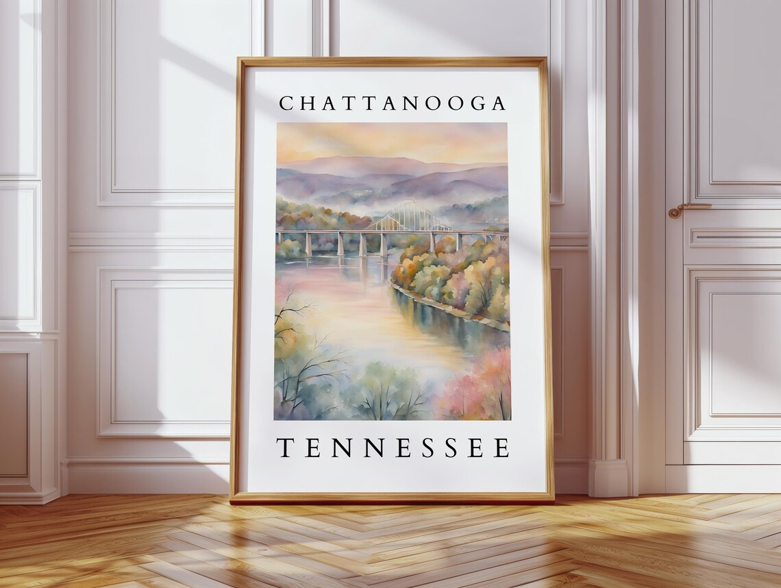 Chattanooga Tennessee River Bridge Watercolor Travel Art Poster