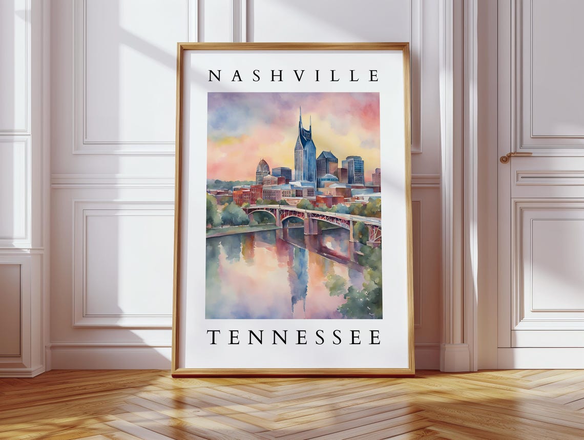 Nashville Tennessee Watercolor Skyline River Sunset Art Poster