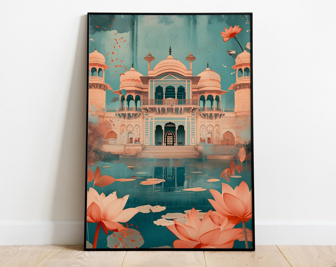 Jaipur Palace Pink Lotus Blossoms Teal Water Whimsical Travel Poster