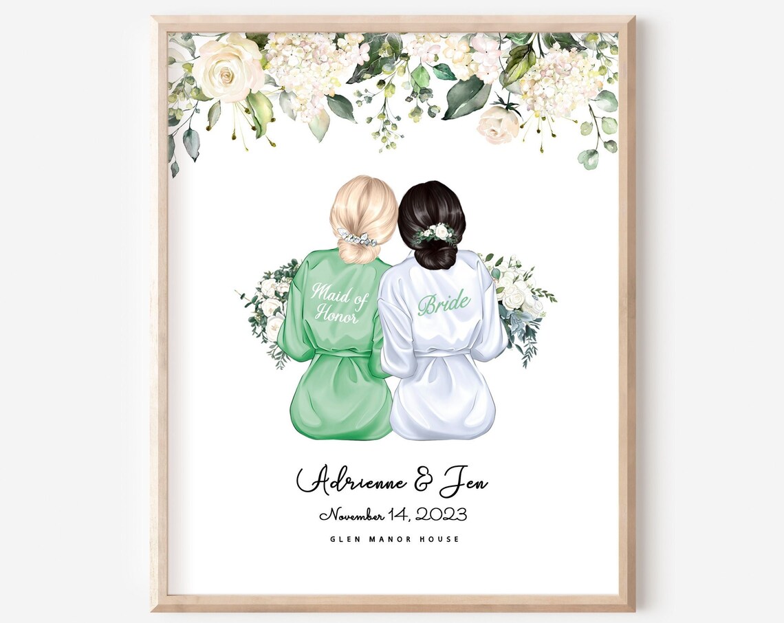 Maid of Honor and Bride Personalized Wedding Art Print