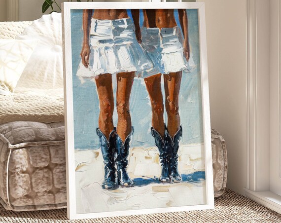 Stylish Blue Cowboy Boots Coastal Cowgirl Oil Painting Poster