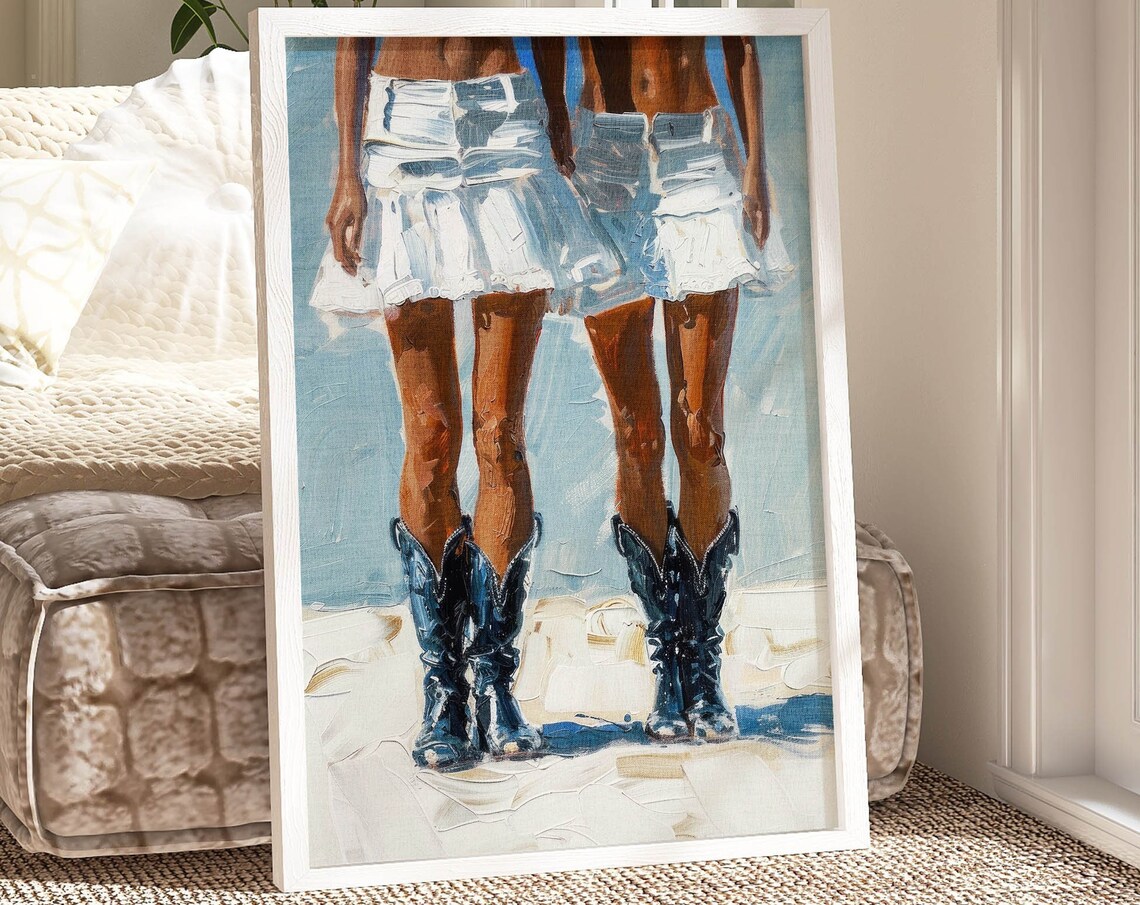 Stylish Blue Cowboy Boots Coastal Cowgirl Oil Painting Poster