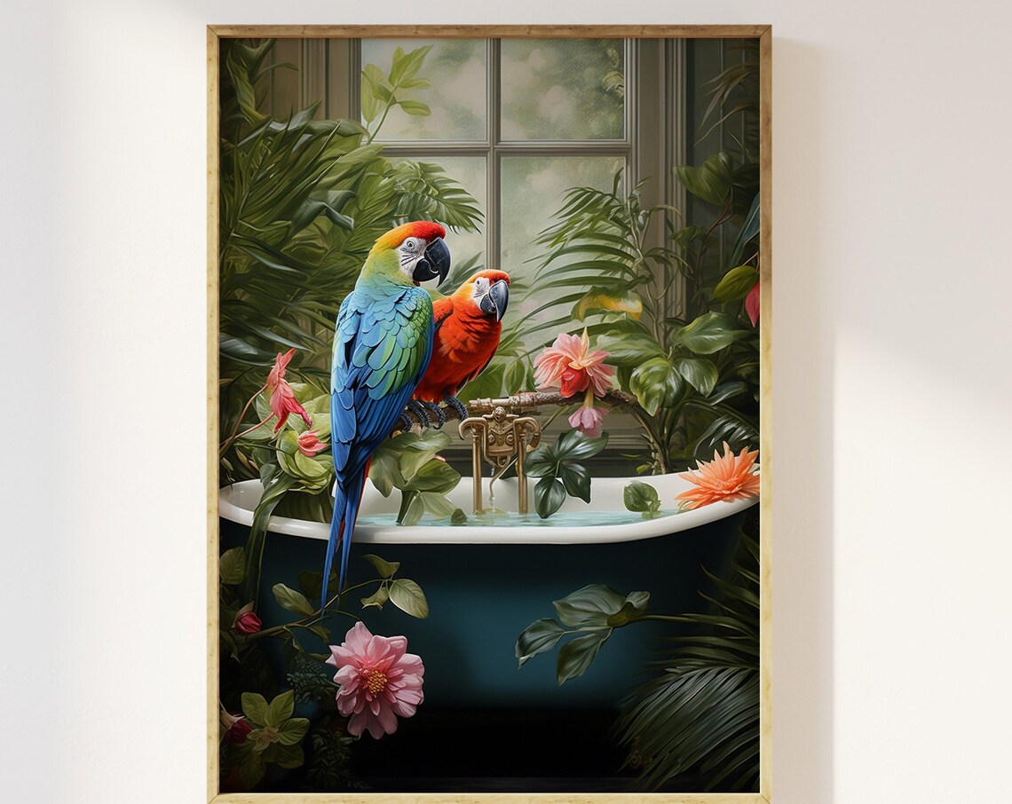 Parrot in Jungle Bathroom Art Print, Retro Botanical