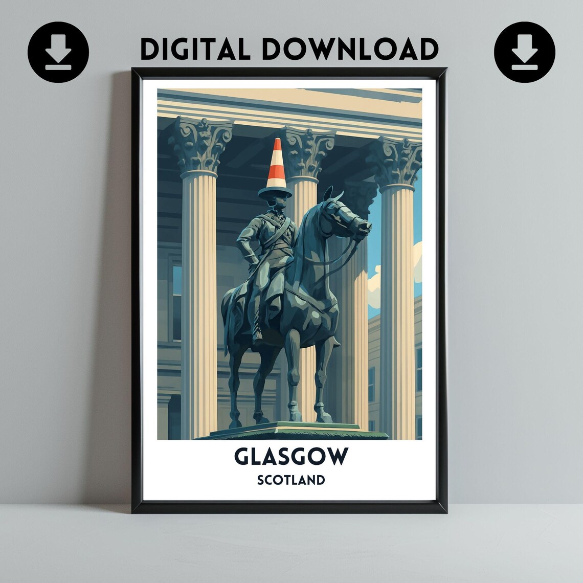 Glasgow Cone Statue Travel Poster, Cityscape Art Print