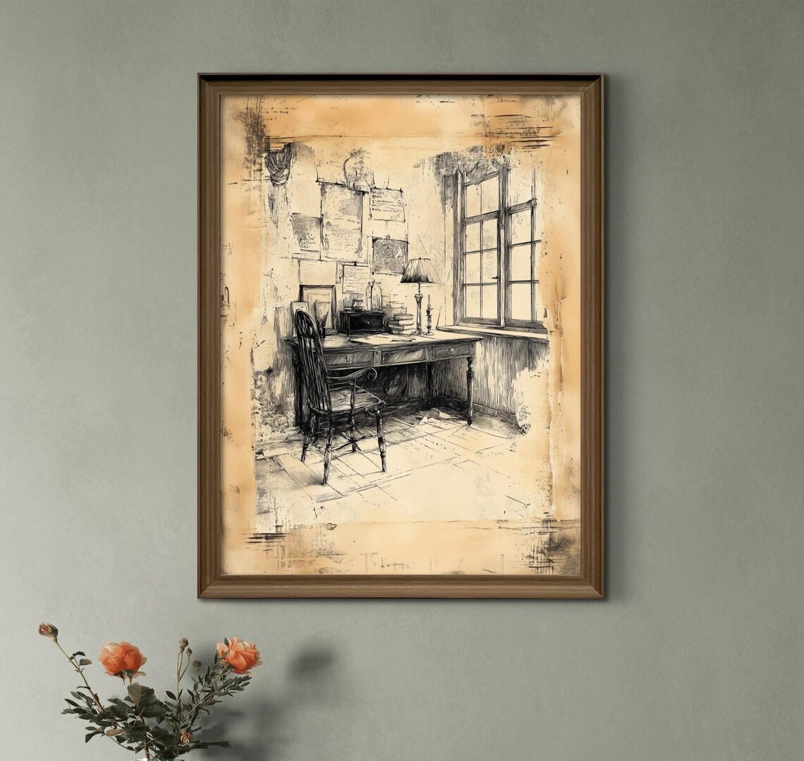 Victorian Writers Desk Ink Sketch Antique Study Corner Poster