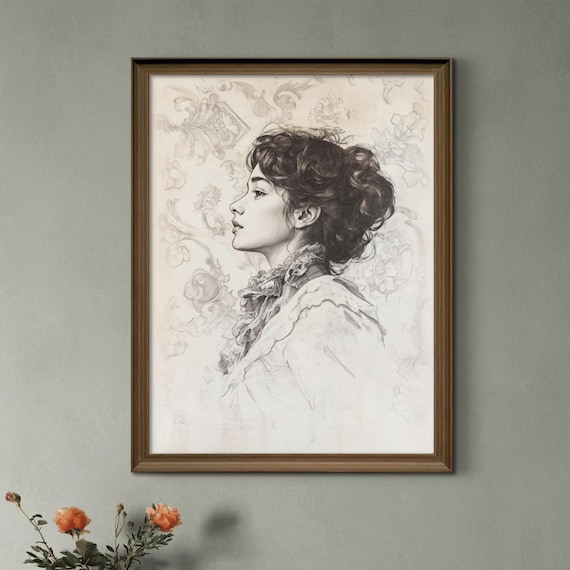 Victorian Woman Portrait Elegant Antique Pencil Sketch