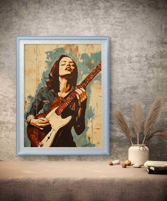 Female Guitar Player Lost in Music Expressive Portrait Poster