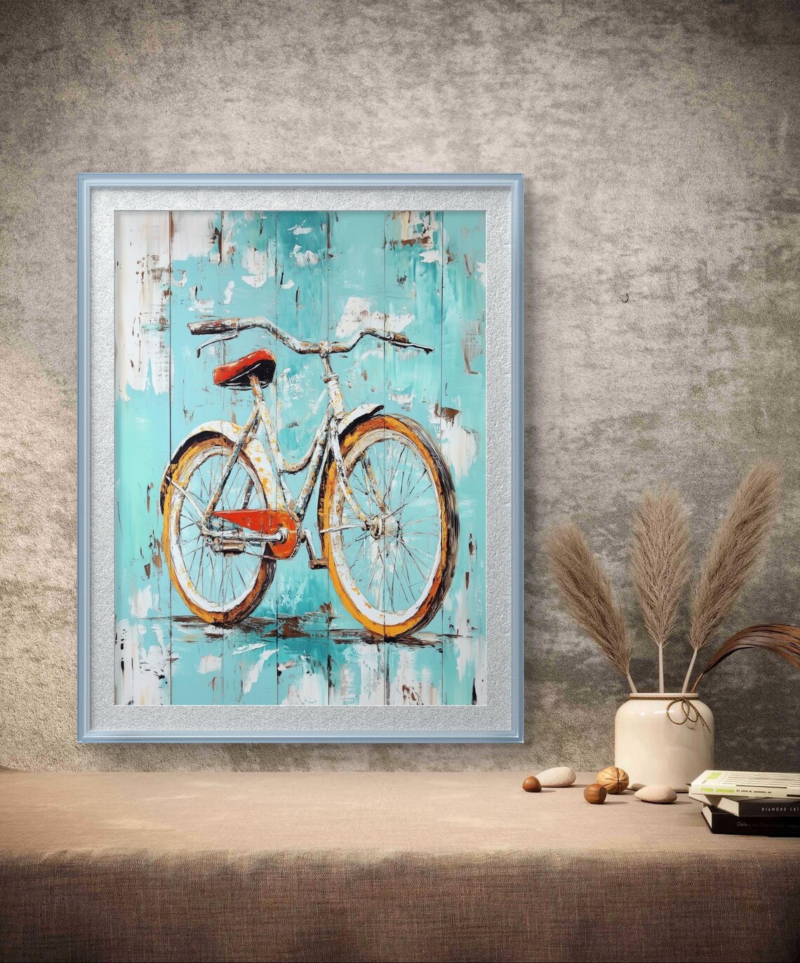 Retro Teal Bicycle Weathered Wood Shabby Chic Bike Art Poster