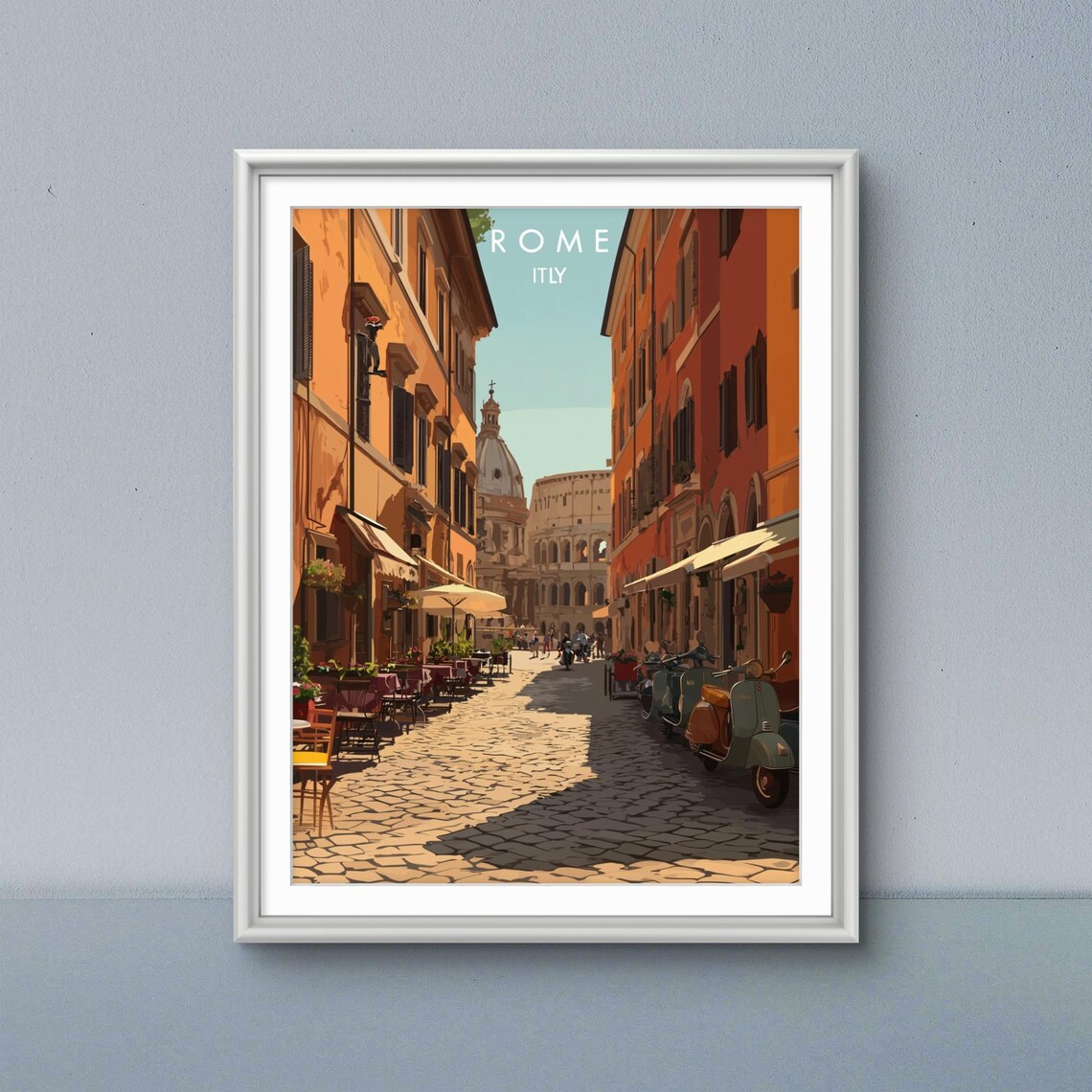 Rome Italy Colosseum Cobblestone Street Cafe Scene Travel Poster