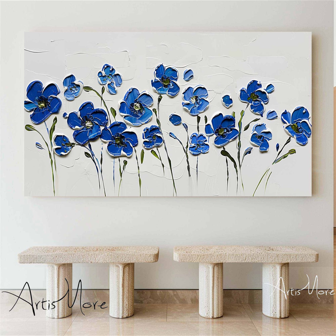 Blue Flowers White Background Painting Palette Knife Floral Wall Art - Image 4