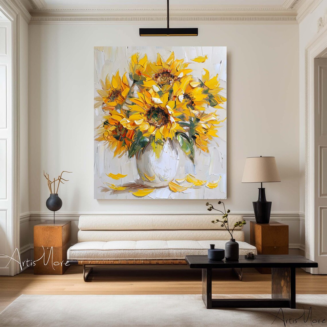 Sunflower Bouquet White Vase Yellow Bloom Impressionist Art Poster - Image 4