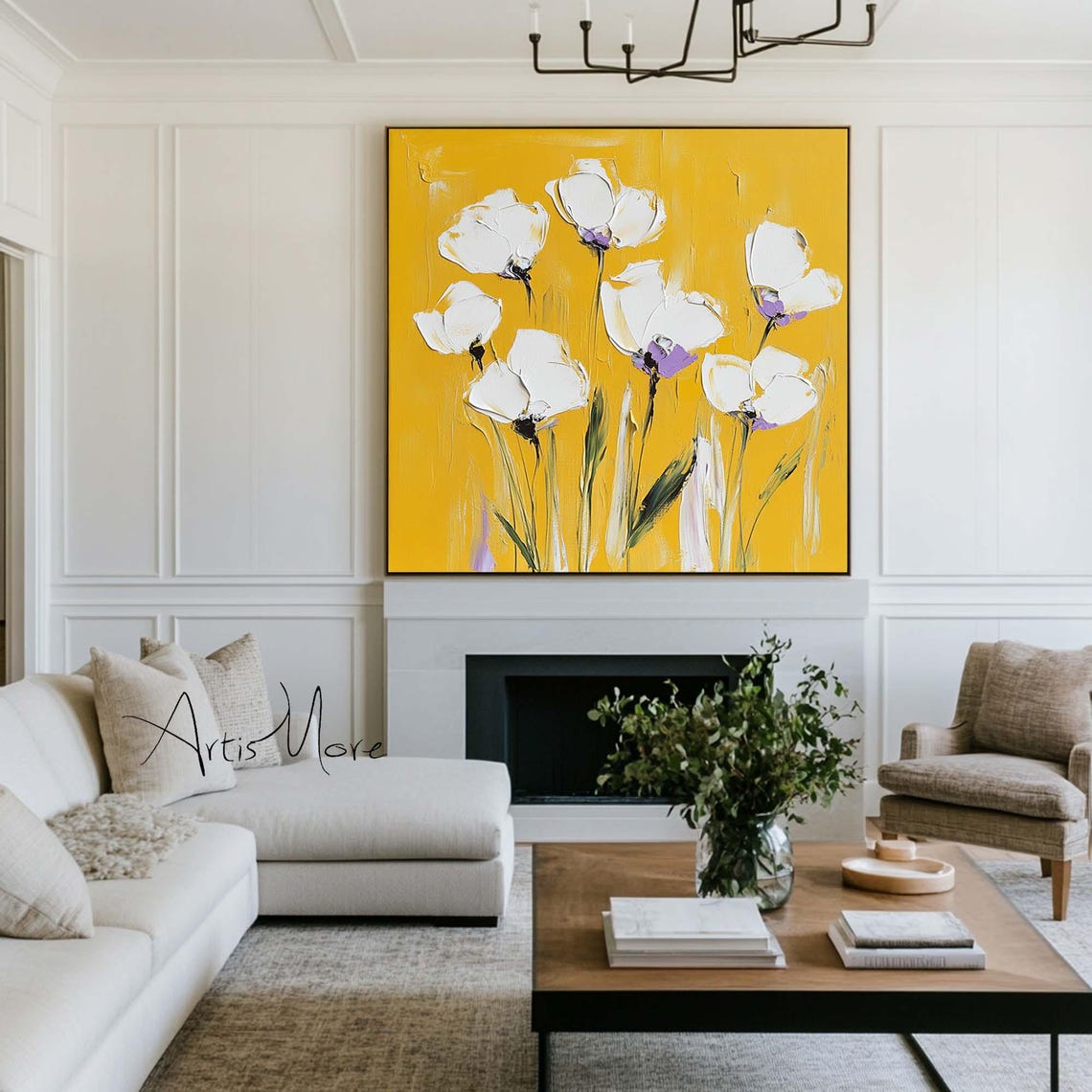 White Anemone Flowers Bold Yellow Background Texture Art Poster - Image 3