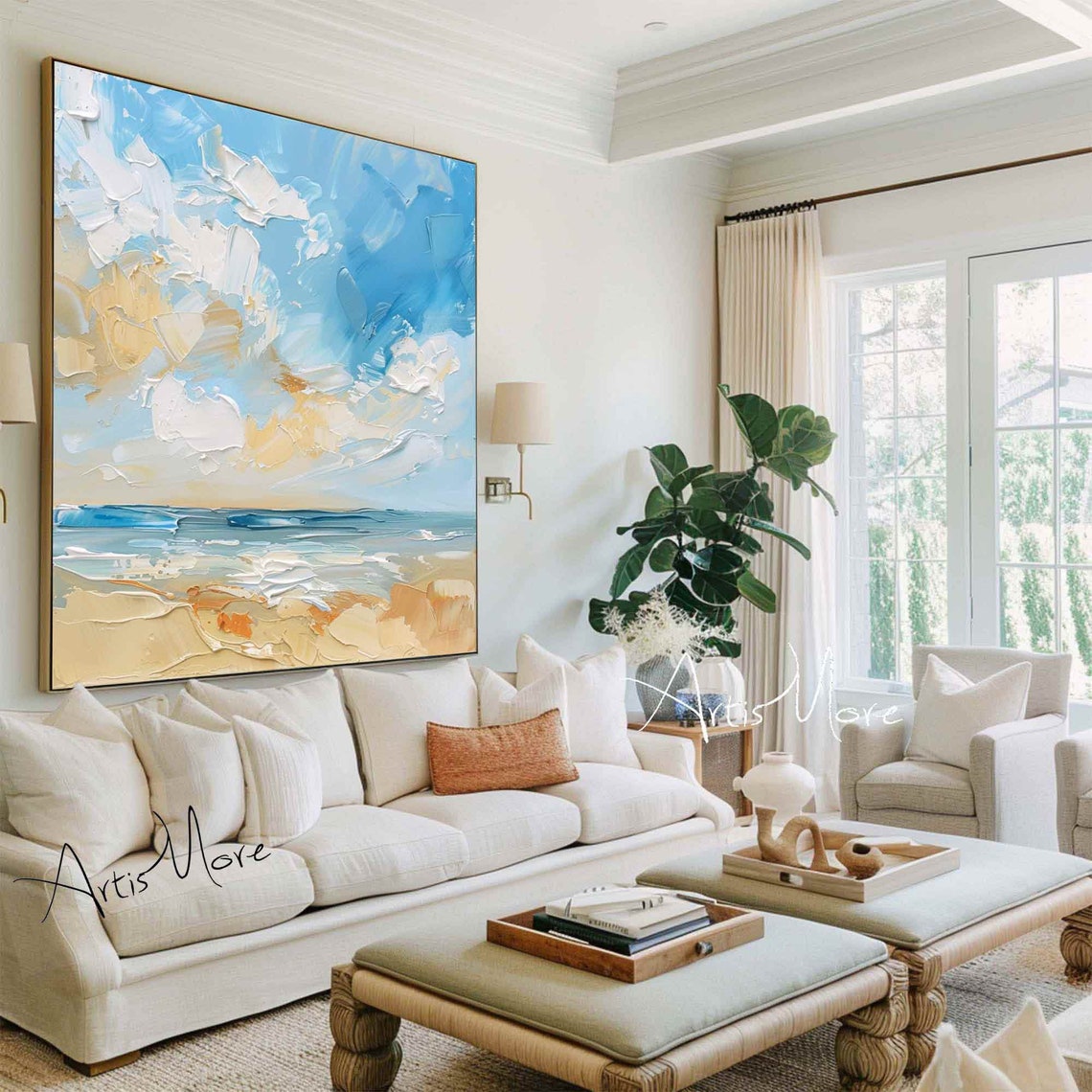Abstract Beach Painting Blue Cloudy Sky Beige Sand Coastal Wall Art - Image 4