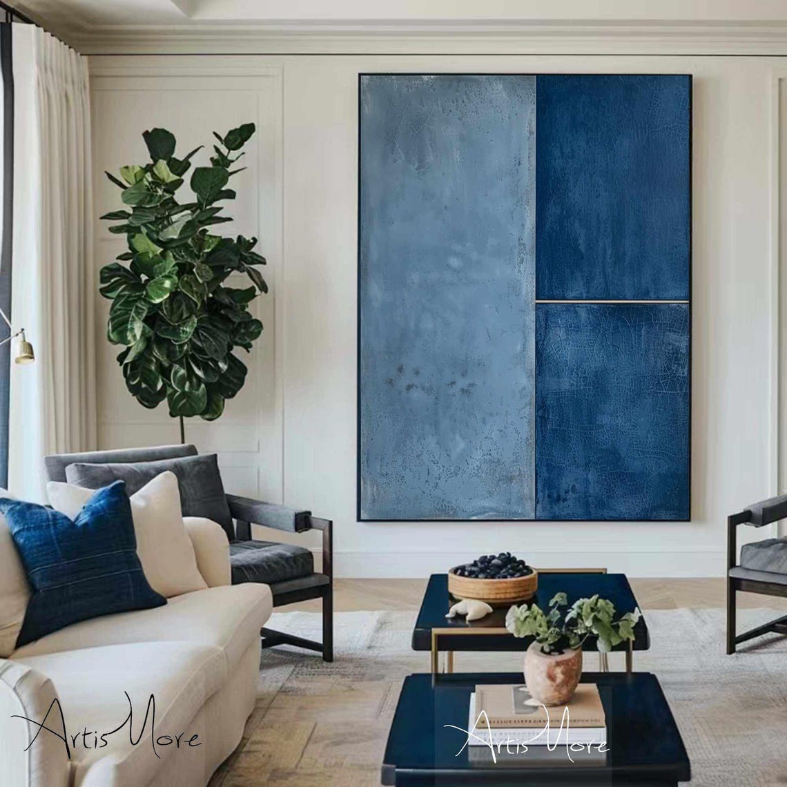 Blue Minimalist Block Abstract Painting Two Tone Navy Texture Wall Art - Image 4