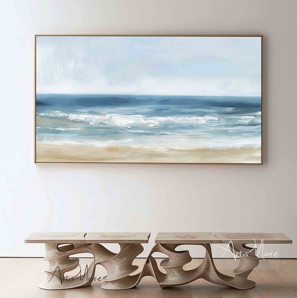 Calm Ocean Beach Painting Soft Blue Waves Sandy Shore Coastal Wall Art - Image 5