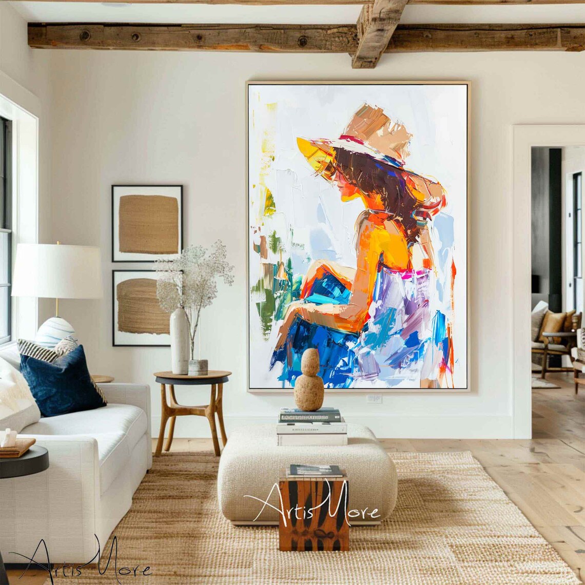 Minimalsit Figure Wall Art Colorful Woman Tan Skin Thick Texture Art Painting Summer Female Figure Painting Boho Living Room Wall Art Decor - Image 5