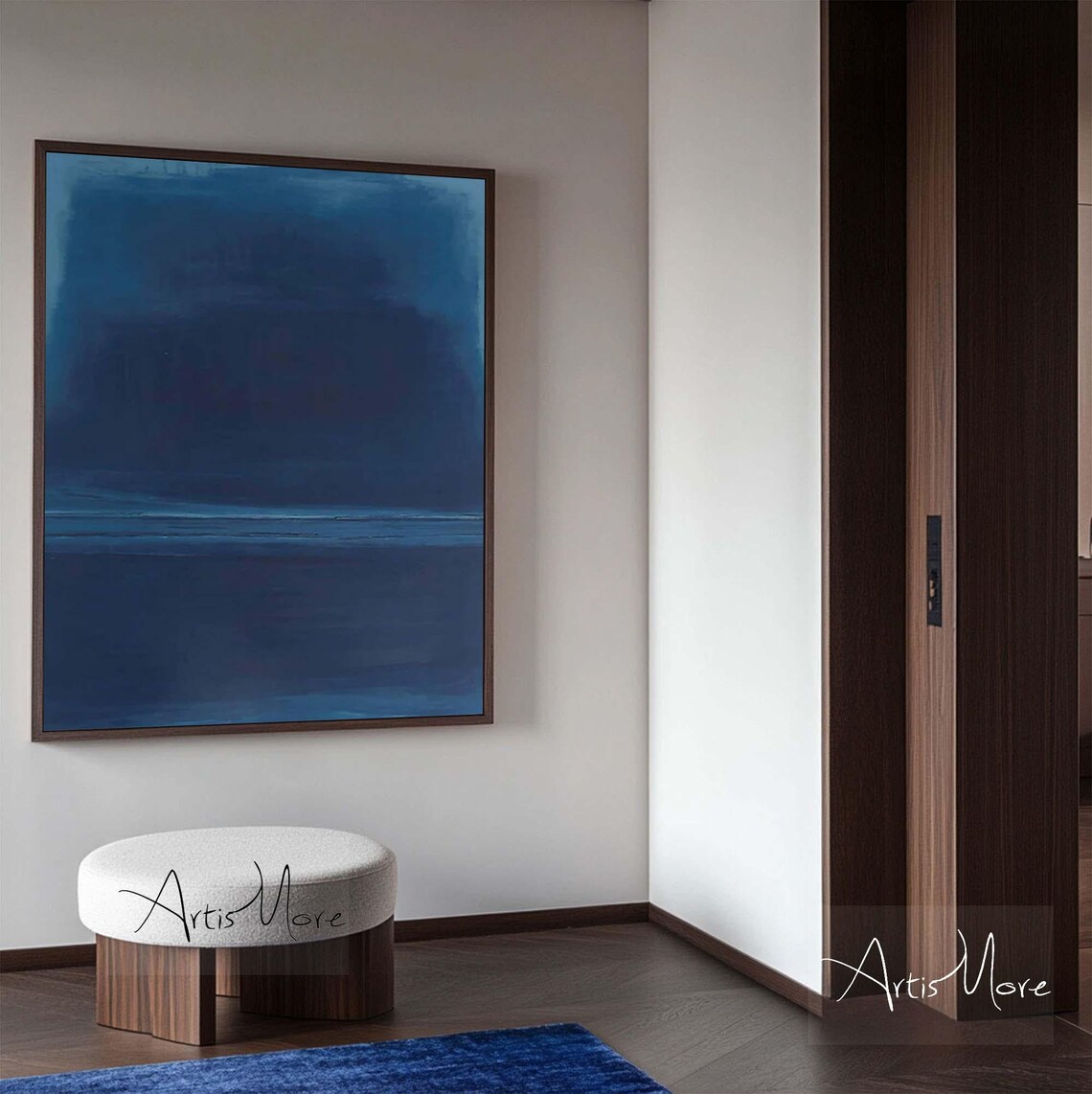 Deep Navy Blue Abstract Painting Soft Horizon Band Modern Minimalist Art - Image 3
