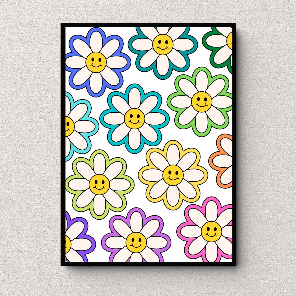 Smiley Daisy Flower Pattern Retro Colorful Happy Kids Room Wall Art - Image 3