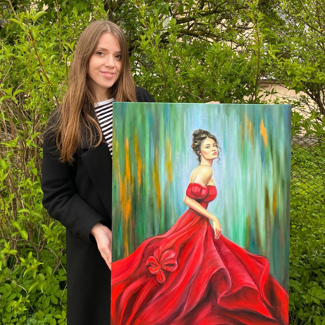 Lady In Red Dress Oil Painting Original Abstract Modern Woman Painting Green And Red Wall Art Beautiful Painting Of Woman Elegant Modern Art