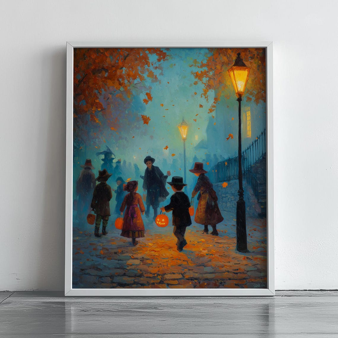 Halloween Night Stroll Vintage Children Trickortreating Spooky Autumn Evening Rustic Fall Decor Wall Art Print 120